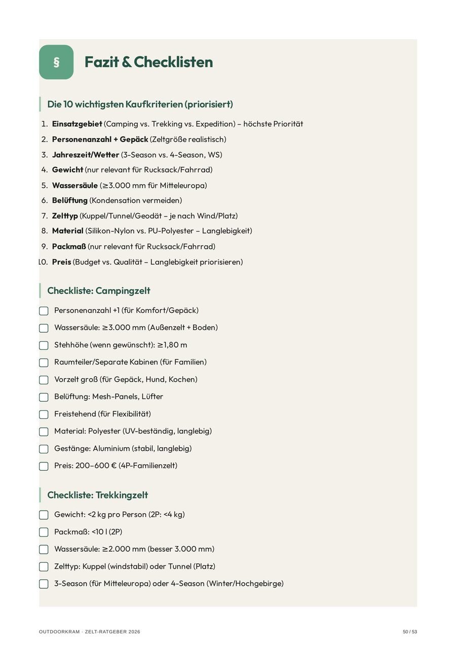 Checkliste für Campingzelt und Trekkingzelt